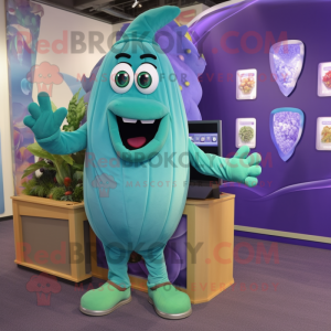 Cyan Eggplant mascot costume character dressed with a Bermuda Shorts and Foot pads