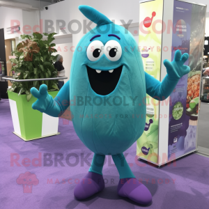 Cyan Eggplant mascot costume character dressed with a Bermuda Shorts and Foot pads