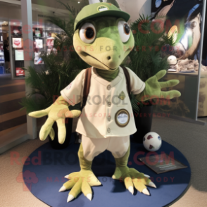 Olive Dimorphodon mascot costume character dressed with a Henley Tee and Coin purses