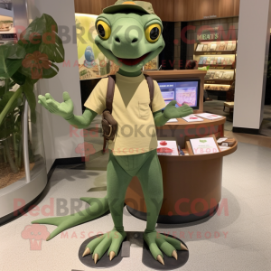 Olive Dimorphodon mascot costume character dressed with a Henley Tee and Coin purses