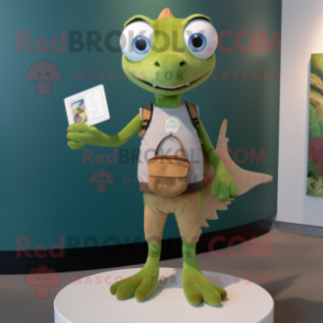 Olive Dimorphodon mascot costume character dressed with a Henley Tee and Coin purses