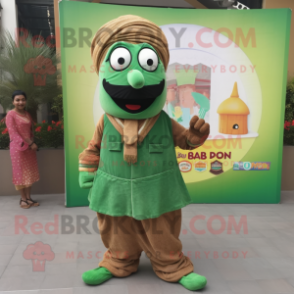 Green Biryani mascot costume character dressed with a Corduroy Pants and Brooches