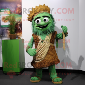 Green Biryani mascot costume character dressed with a Corduroy Pants and Brooches