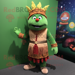Green Biryani mascot costume character dressed with a Corduroy Pants and Brooches