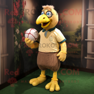 Tan Canary mascot costume character dressed with a Rugby Shirt and Anklets