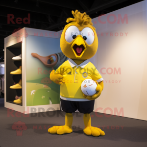 Tan Canary mascot costume character dressed with a Rugby Shirt and Anklets