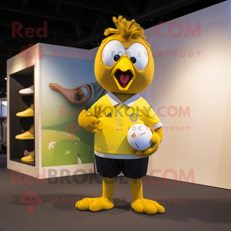 Tan Canary mascot costume character dressed with a Rugby Shirt and Anklets Tan Canary mascot costume character dressed with a Rugby Shirt and Anklets