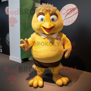 Tan Canary mascot costume character dressed with a Rugby Shirt and Anklets