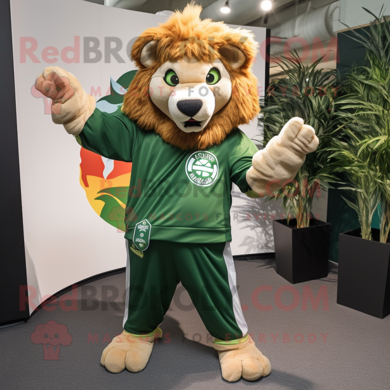 Forest Green Tamer Lion mascot costume character dressed with a Sweatshirt and Wraps