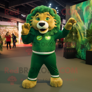 Forest Green Tamer Lion mascot costume character dressed with a Sweatshirt and Wraps
