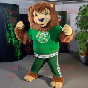 Forest Green Tamer Lion mascot costume character dressed with a Sweatshirt and Wraps