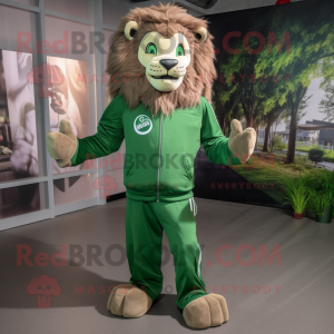 Forest Green Tamer Lion mascot costume character dressed with a Sweatshirt and Wraps