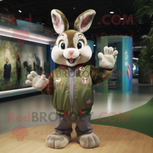 Olive Rabbit mascot costume character dressed with a Bomber Jacket and Bracelets