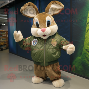 Olive Rabbit mascot costume character dressed with a Bomber Jacket and Bracelets