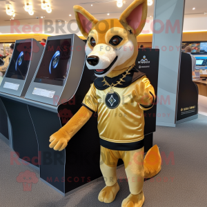 Gold Dingo mascot costume character dressed with a Vest and Rings