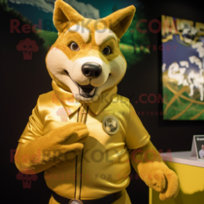 Gold Dingo mascot costume character dressed with a Vest and Rings