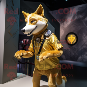 Gold Dingo mascot costume character dressed with a Vest and Rings