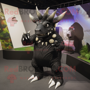 Black Triceratops mascot costume character dressed with a Cover-up and Clutch bags