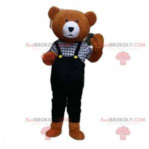Teddy bear mascot with overalls, brown bear costume -