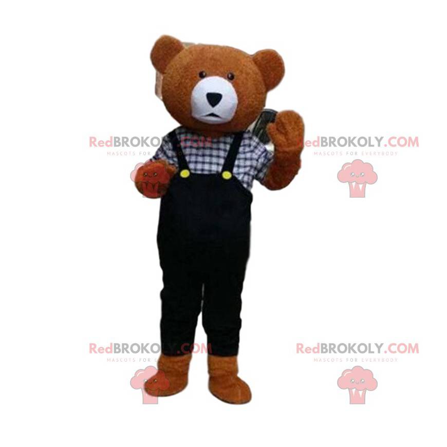 Mascote do ursinho de pelúcia com macacão, fantasia de urso Mascote do ursinho de pelúcia com macacão, fantasia de urso
