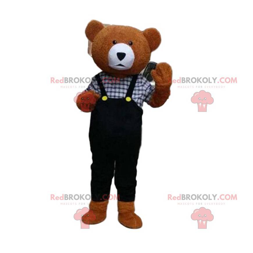 Mascotte de nounours avec une salopette, costume d'ours brun -