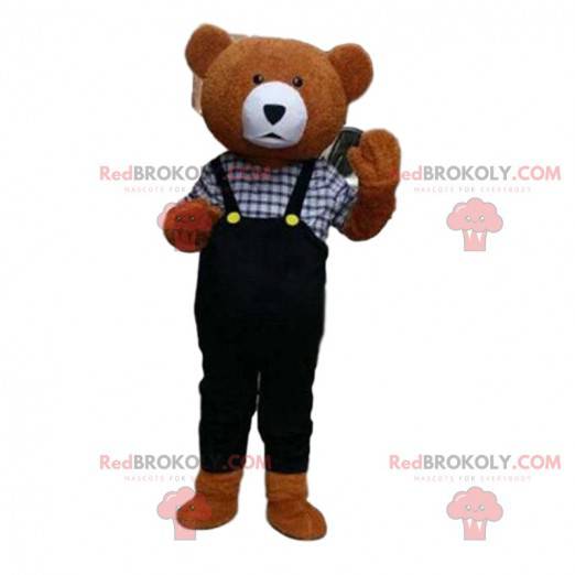 Teddybeer mascotte met overall, bruine beer kostuum -