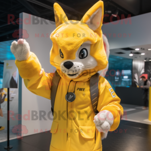 Yellow Lynx mascot costume character dressed with a Raincoat and Headbands