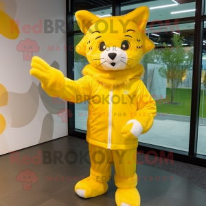 Yellow Lynx mascot costume character dressed with a Raincoat and Headbands