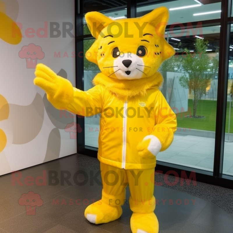 Yellow Lynx mascot costume character dressed with a Raincoat and Headbands Yellow Lynx mascot costume character dressed with a Raincoat and Headbands