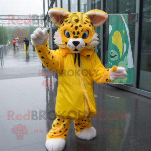 Yellow Lynx mascot costume character dressed with a Raincoat and Headbands
