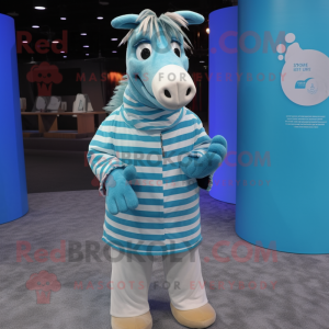 Cyan Quagga mascot costume character dressed with a Raincoat and Coin purses