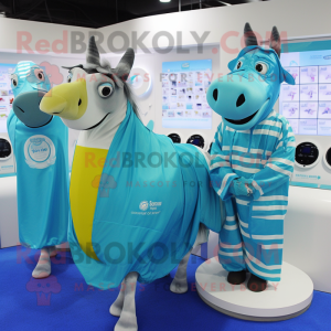Cyan Quagga mascot costume character dressed with a Raincoat and Coin purses