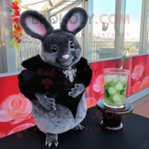 Black Chinchilla mascot costume character dressed with a Cocktail Dress and Shawl pins