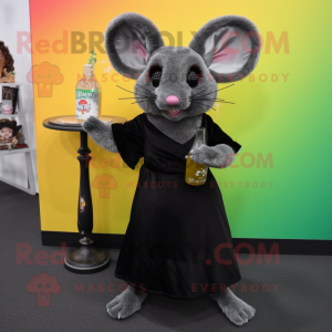 Black Chinchilla mascot costume character dressed with a Cocktail Dress and Shawl pins