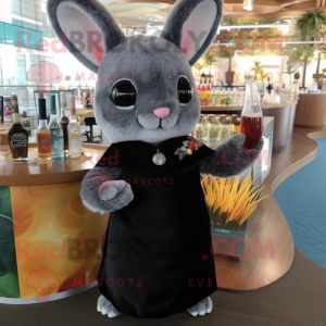 Black Chinchilla mascot costume character dressed with a Cocktail Dress and Shawl pins