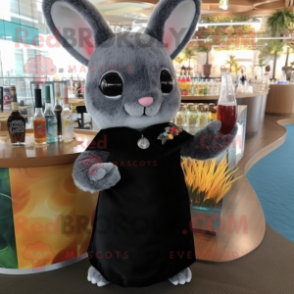 Black Chinchilla mascot costume character dressed with a Cocktail Dress and Shawl pins