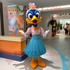 Peach Peacock mascot costume character dressed with a Midi Dress and Bow ties