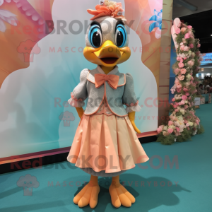 Peach Peacock mascot costume character dressed with a Midi Dress and Bow ties