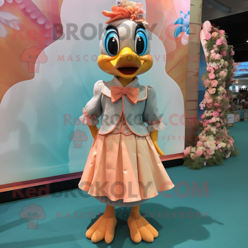 Peach Peacock mascot costume character dressed with a Midi Dress and Bow ties Peach Peacock mascot costume character dressed with a Midi Dress and Bow ties