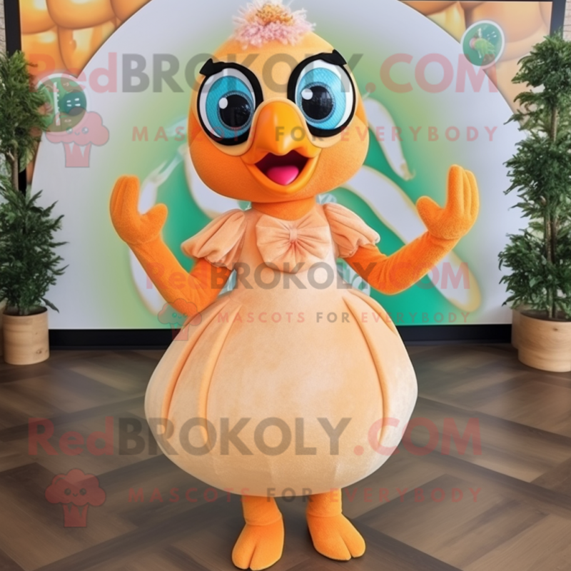 Peach Peacock mascot costume character dressed with a Midi Dress and Bow ties