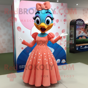 Peach Peacock mascot costume character dressed with a Midi Dress and Bow ties