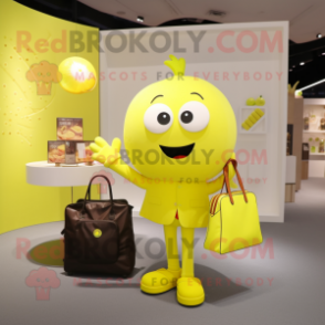 Lemon Yellow Pendant mascot costume character dressed with a Suit and Tote bags