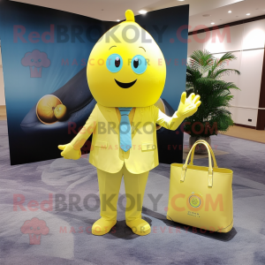 Lemon Yellow Pendant mascot costume character dressed with a Suit and Tote bags