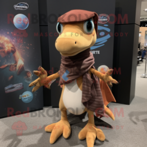 Brown Dimorphodon mascot costume character dressed with a Flare Jeans and Shawls