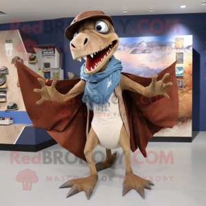 Brown Dimorphodon mascot costume character dressed with a Flare Jeans and Shawls