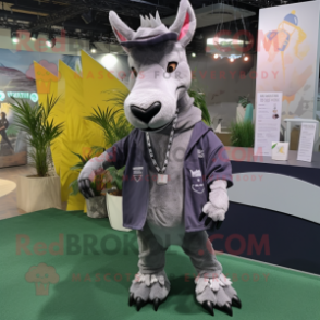 Gray Okapi mascot costume character dressed with a Windbreaker and Keychains