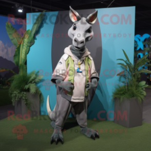 Gray Okapi mascot costume character dressed with a Windbreaker and Keychains