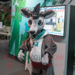 Gray Okapi mascot costume character dressed with a Windbreaker and Keychains