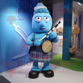 Blue Bagpipe mascot costume character dressed with a Sweater and Ties