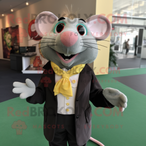Olive Rat mascot costume character dressed with a Suit Jacket and Shawl pins